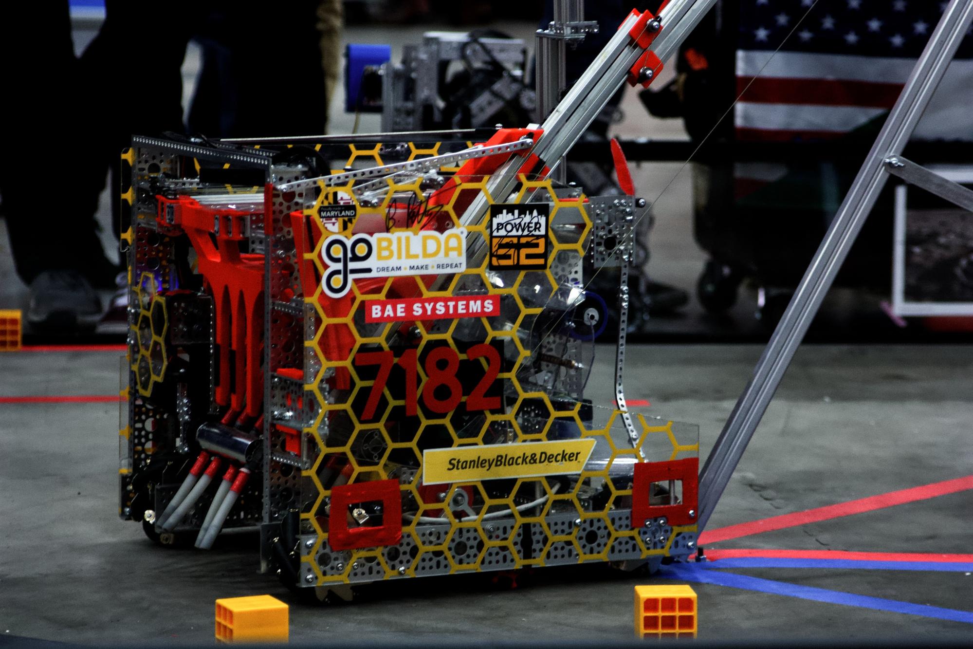 7182 Mechanical Paradox Cubed's Rover Ruckus robot hanging on the field