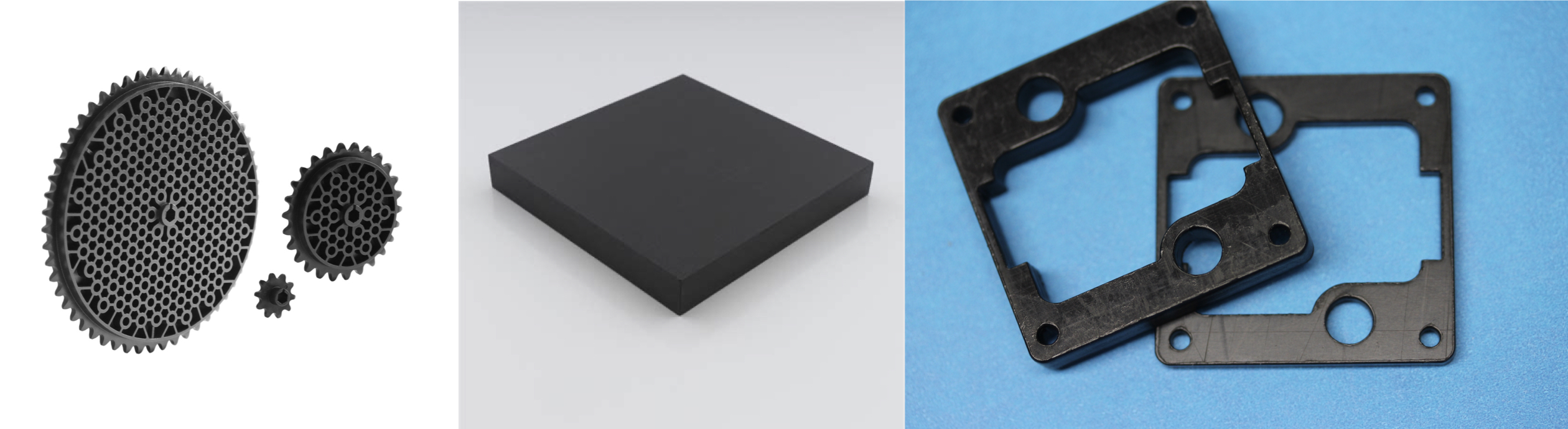 Various acetal/Delrin items, including plates and three sprockets