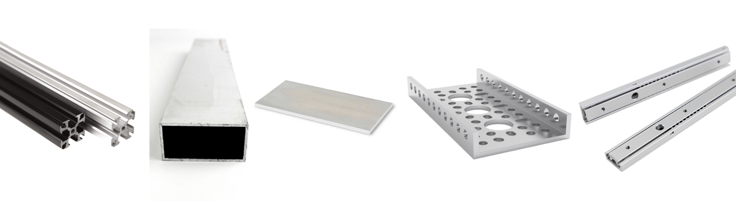 Various aluminum items including extrusion, box tube, flat sheet, channel, and drawer slides