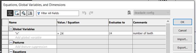 A screenshot of the "Equations, Global Variables, and Dimensions" view