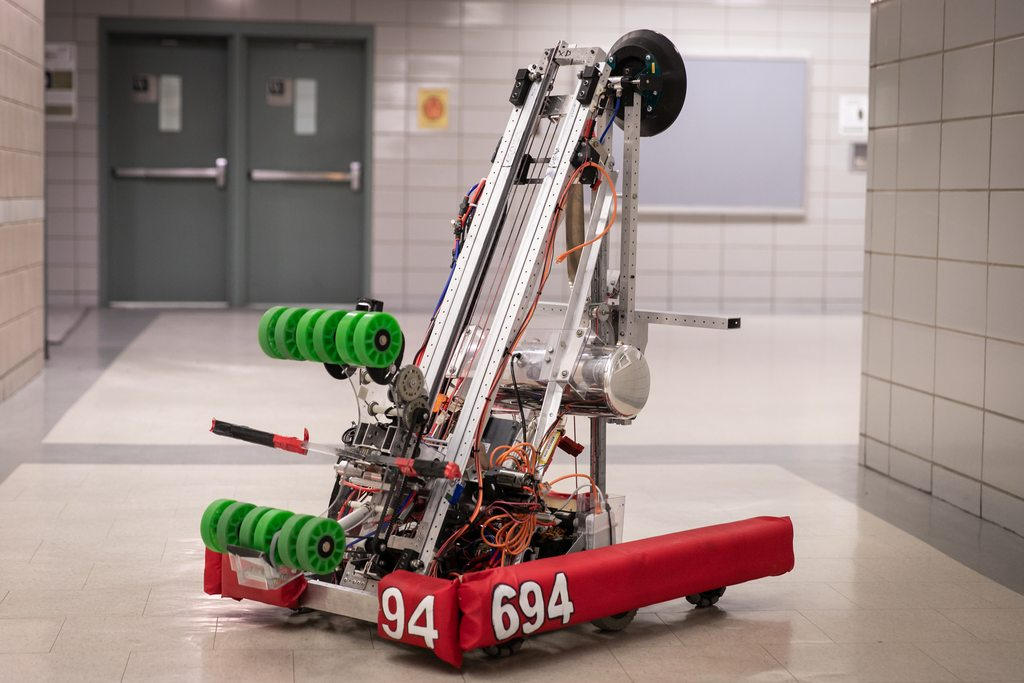 FRC Team 694's Deep Space ball intake with 2 horizontal rollers with compliant wheels