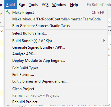 The build dropdown at the top of the screen