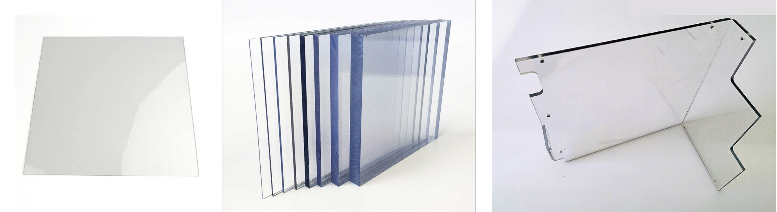 Various polycarbonate plates, inlcuing one with a 90-degree bend